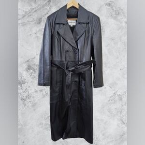 Vintage Charles Klein Men's Black Leather Trench Coat With Removeable Liner